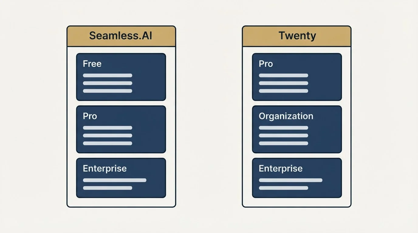 Pricing panels: Pricing Comparison (Seamless.AI, Twenty, Free, Pro)
