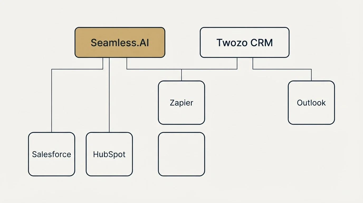 Integration grid: Integration Ecosystem (Seamless.AI, Twozo CRM, Zapier, Salesforce)