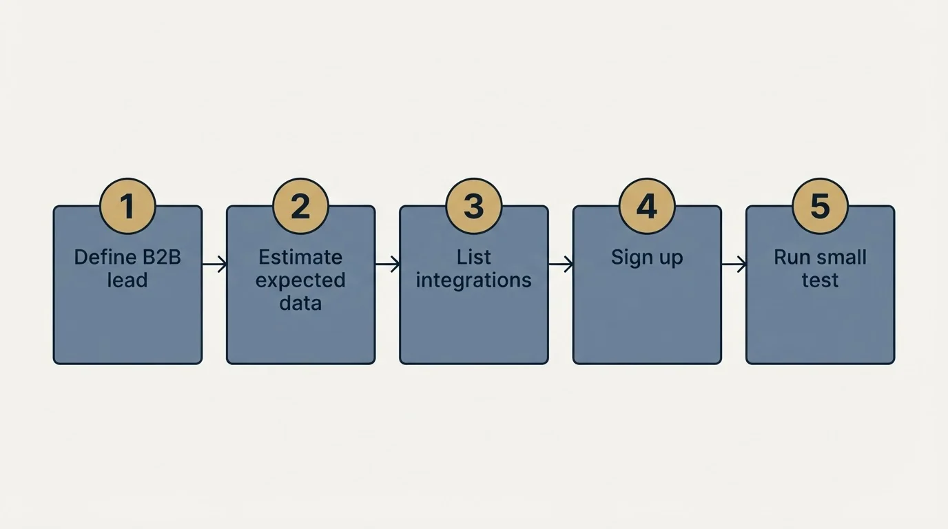 Step sequence: Getting Started Checklist (Define B2B lead, Estimate expected data, List integrations, Sign up)