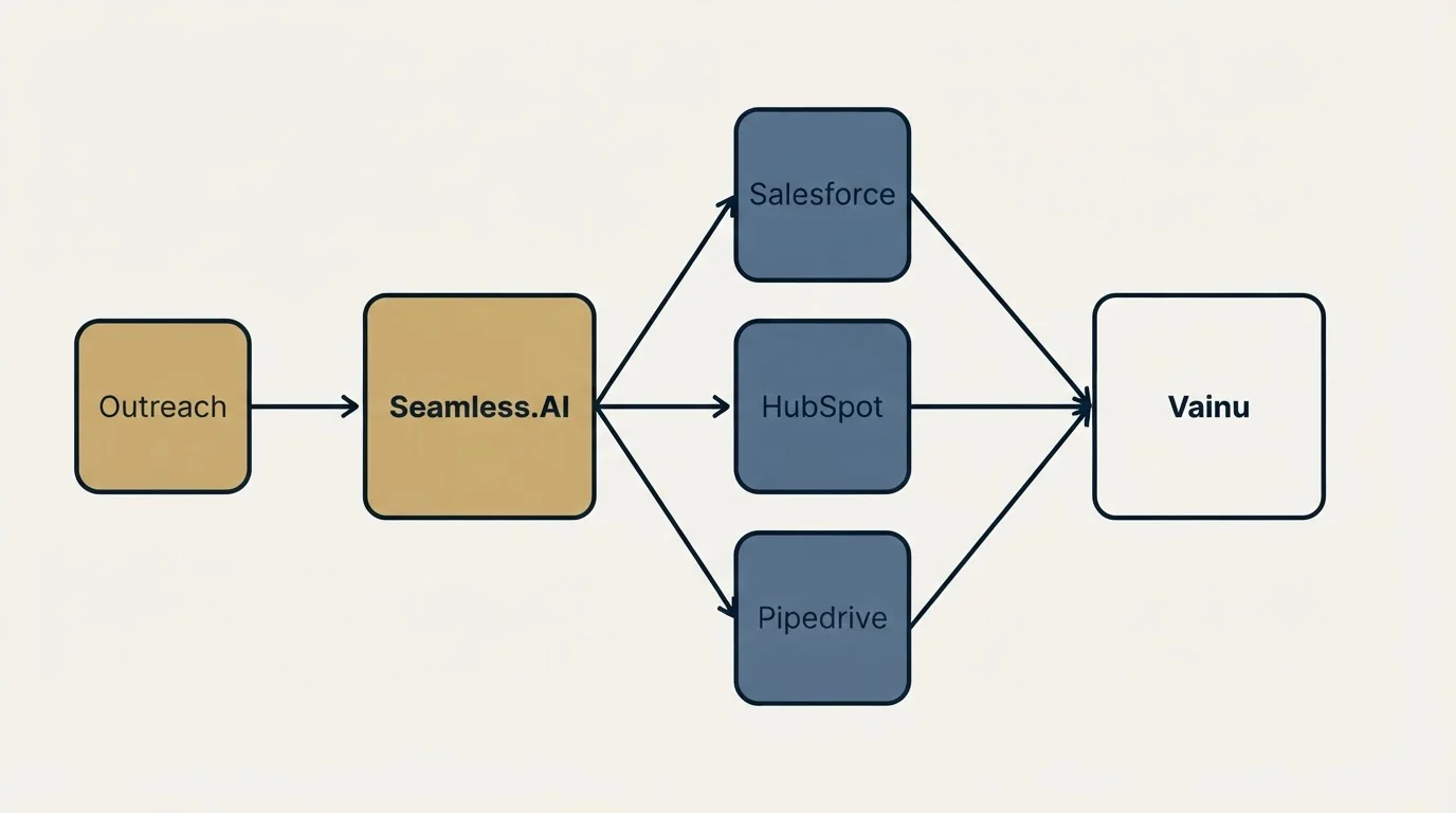 Integration schematic: Integration Ecosystem (Seamless.AI, Vainu, Salesforce, HubSpot)