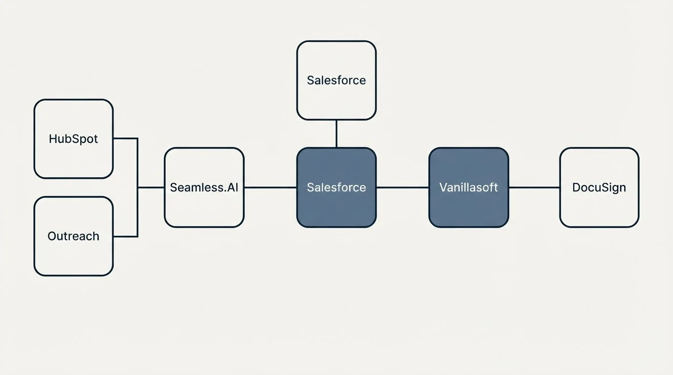 Integration flow: Integration Ecosystem (Seamless.AI, Vanillasoft, Salesforce, HubSpot)