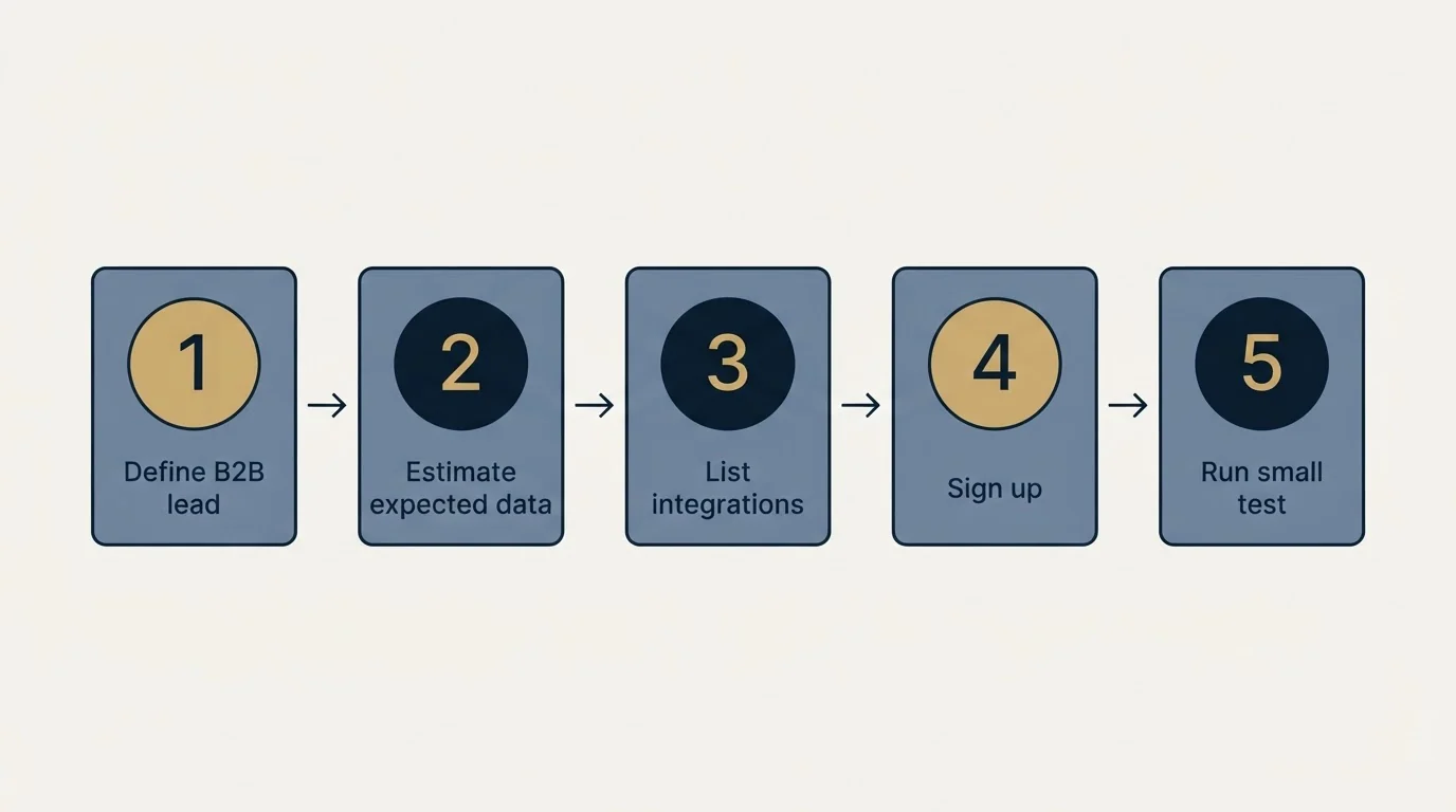 Step sequence: Getting Started Checklist (Define B2B lead, Estimate expected data, List integrations, Sign up)