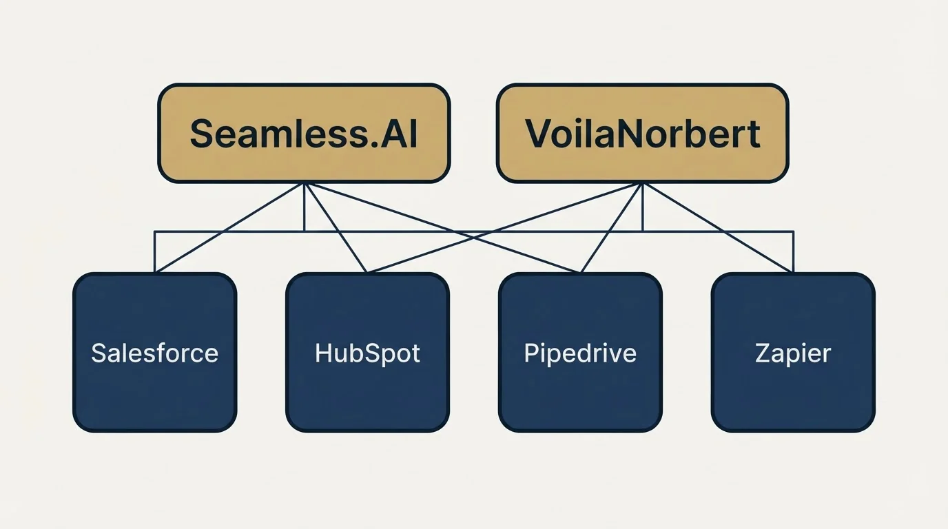 Integration grid: Integration Ecosystem (Seamless.AI, VoilaNorbert, Salesforce, HubSpot)