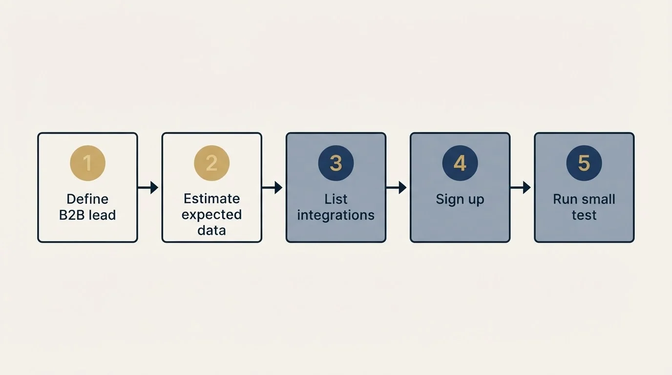 Step sequence: Getting Started Checklist (Define B2B lead, Estimate expected data, List integrations, Sign up)