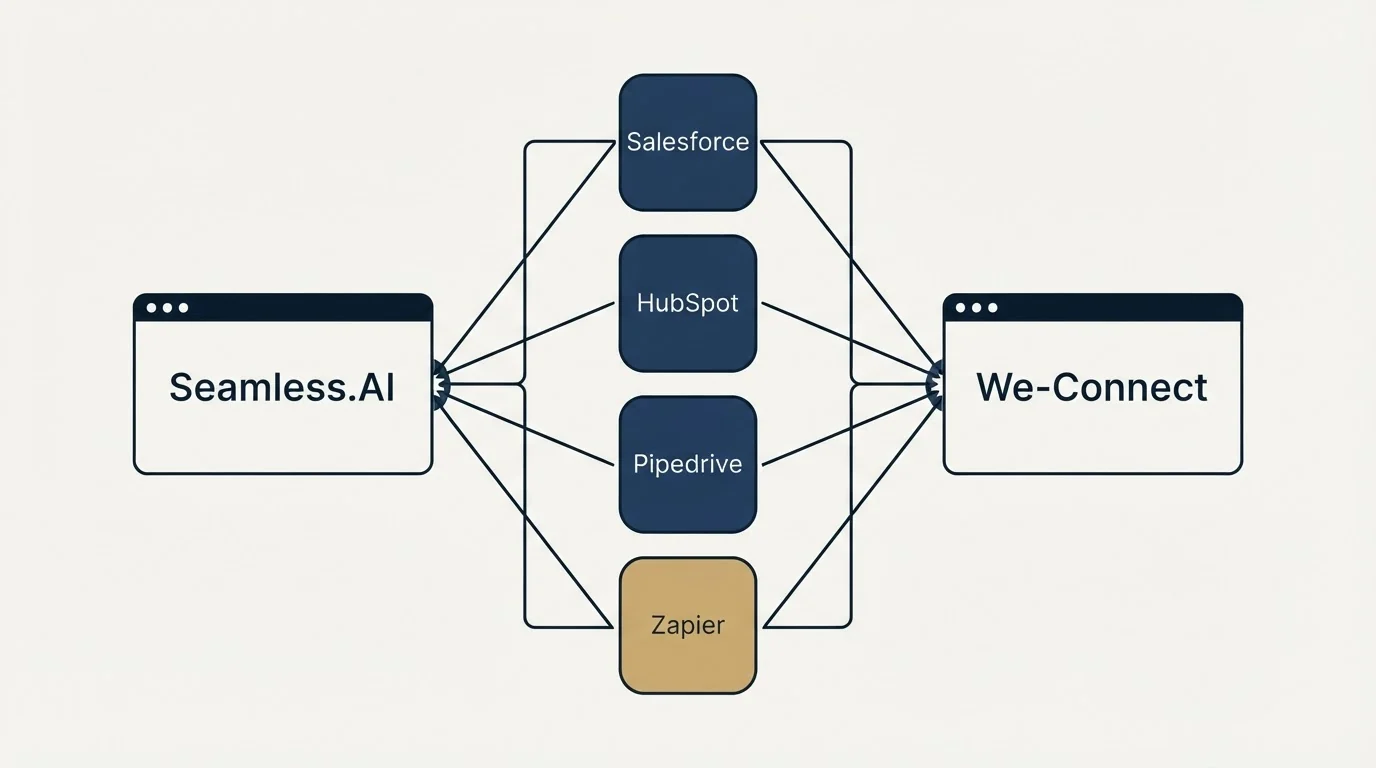 Integration flow: Integration Ecosystem (Seamless.AI, We-Connect, Salesforce, HubSpot)