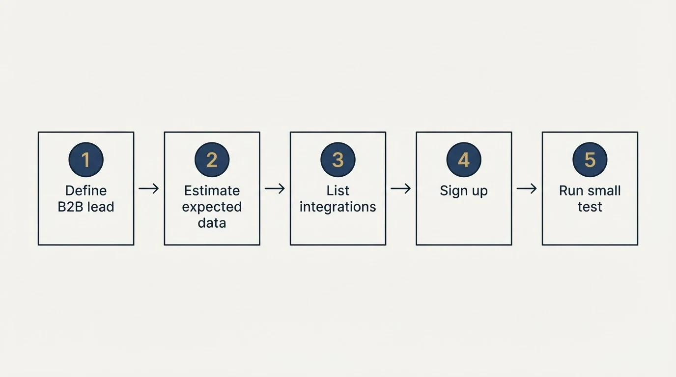 Step sequence: Getting Started Checklist (Define B2B lead, Estimate expected data, List integrations, Sign up)