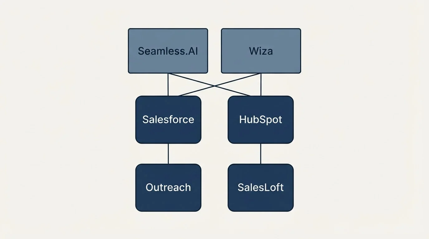 Integration grid: Integration Ecosystem (Seamless.AI, Wiza, Salesforce, HubSpot)
