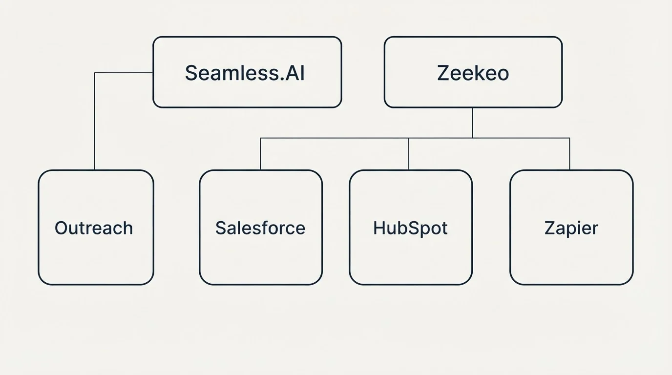 Integration grid: Integration Ecosystem (Seamless.AI, Zeekeo, Salesforce, HubSpot)