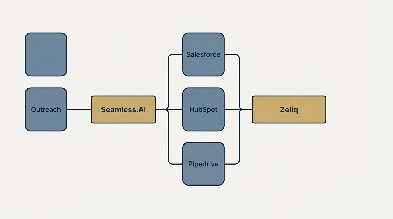 Integration flow: Integration Ecosystem (Seamless.AI, Zeliq, Salesforce, HubSpot)