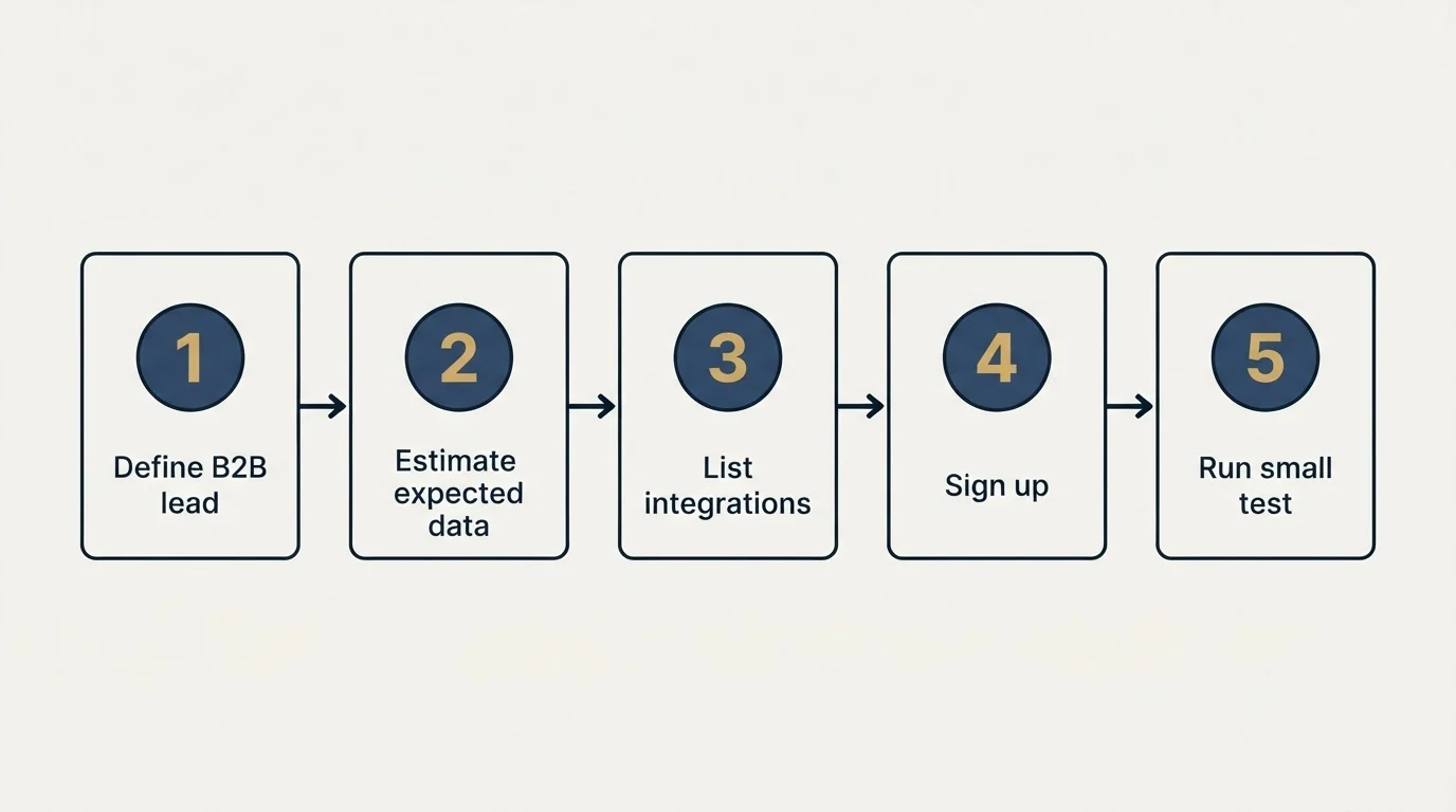Step sequence: Getting Started Checklist (Define B2B lead, Estimate expected data, List integrations, Sign up)
