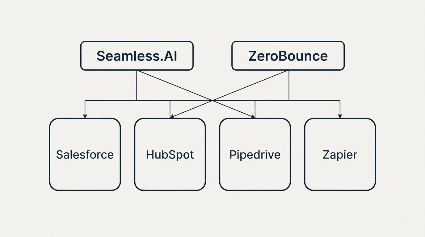 Integration grid: Integration Ecosystem (Seamless.AI, ZeroBounce, Salesforce, HubSpot)