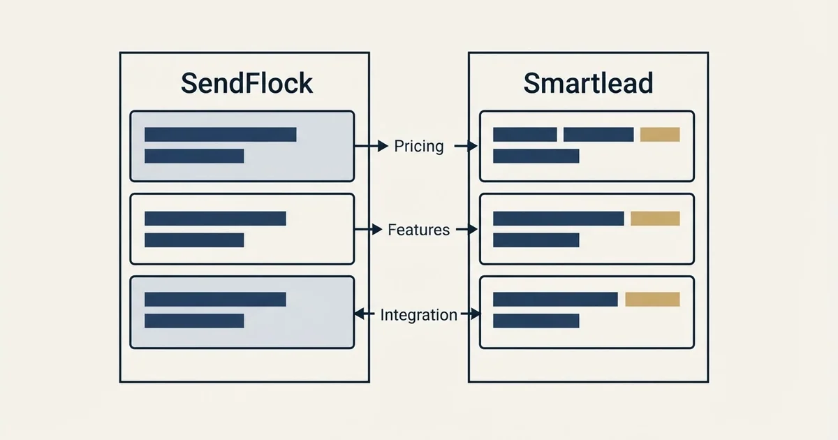 Comparison panel: SendFlock vs Smartlead (Pricing, Features, Integration)