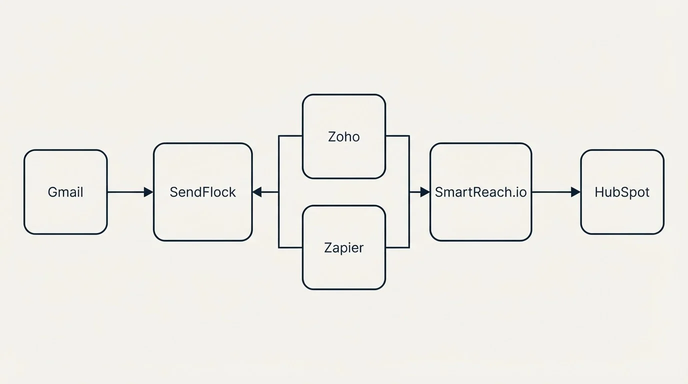 Integration flow: Integration Ecosystem (SendFlock, SmartReach.io, Zoho, Zapier)