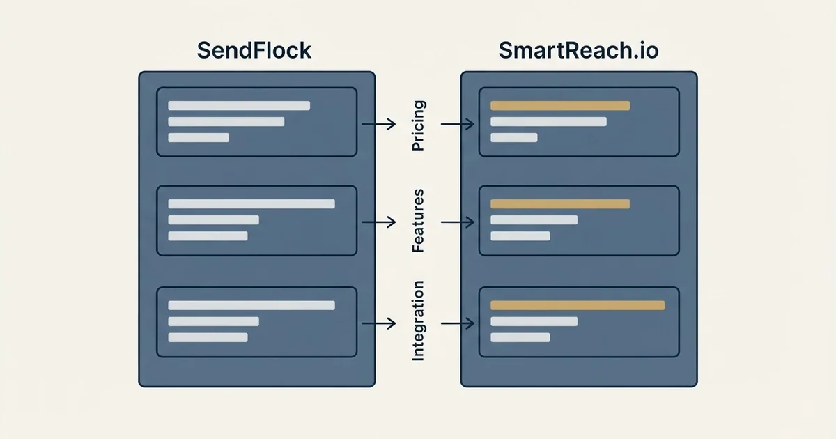 Comparison panel: SendFlock vs SmartReach.io (Pricing, Features, Integration)