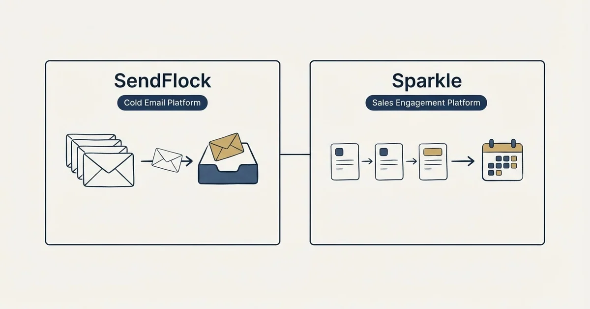Side-by-side panels: SendFlock vs Sparkle (Cold Email Platform, Sales Engagement Platform)