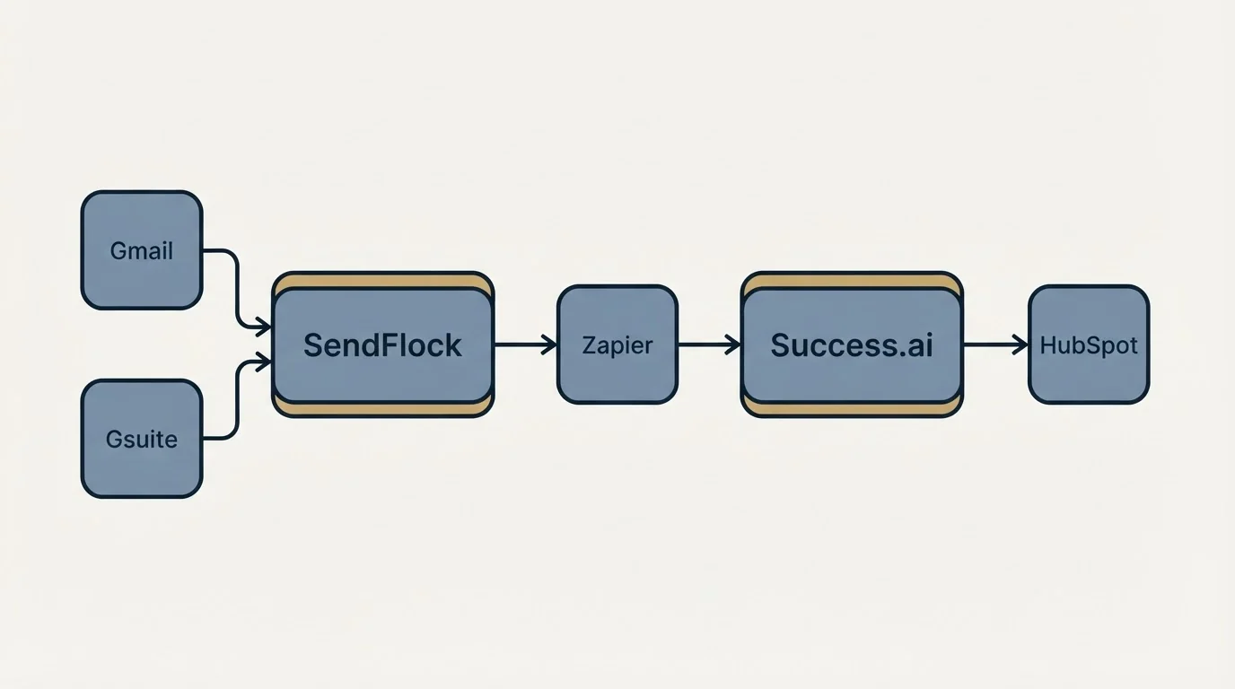 Integration schematic: Integration Ecosystem (SendFlock, Success.ai, Zapier, Gmail)