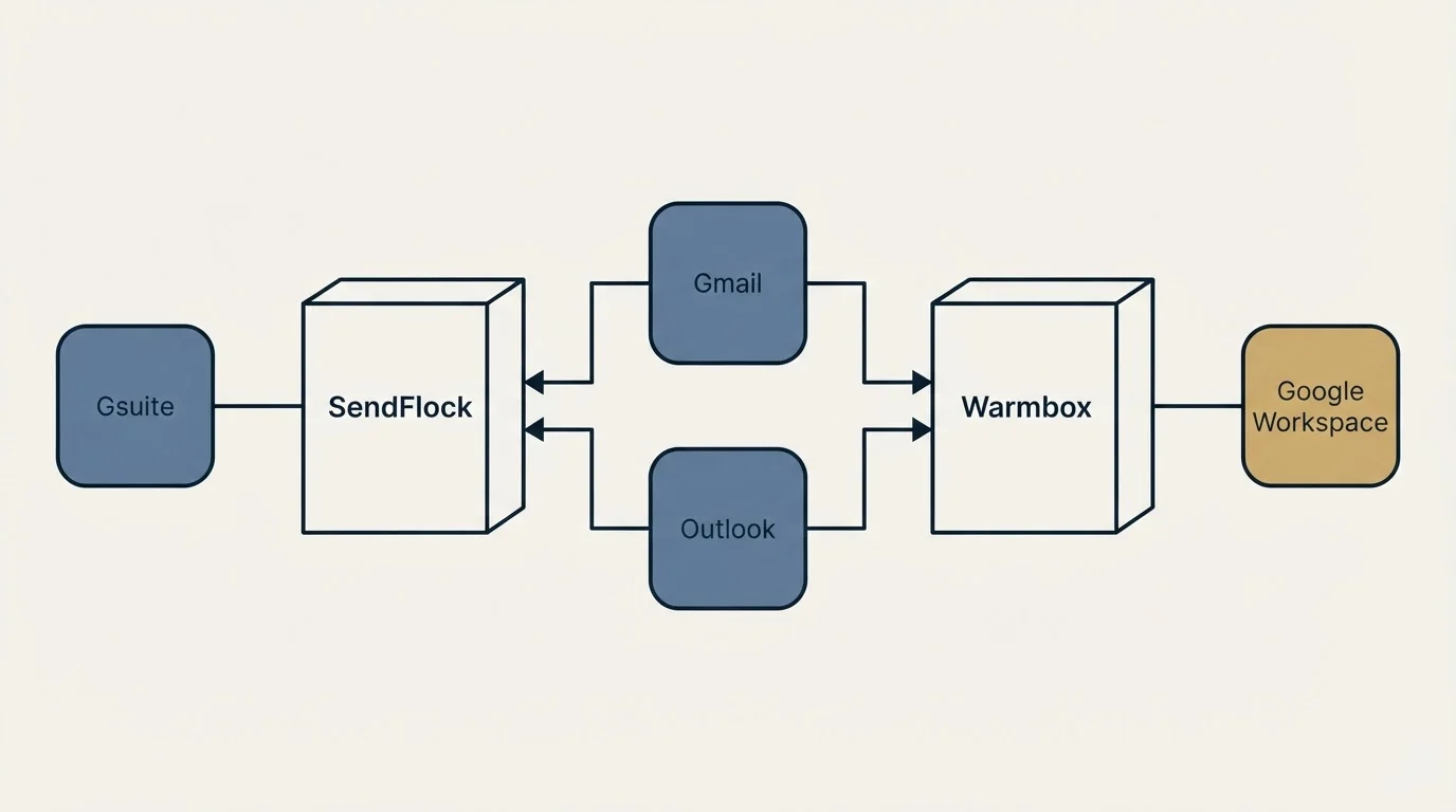 Integration flow: Integration Ecosystem (SendFlock, Warmbox, Gmail, Outlook)