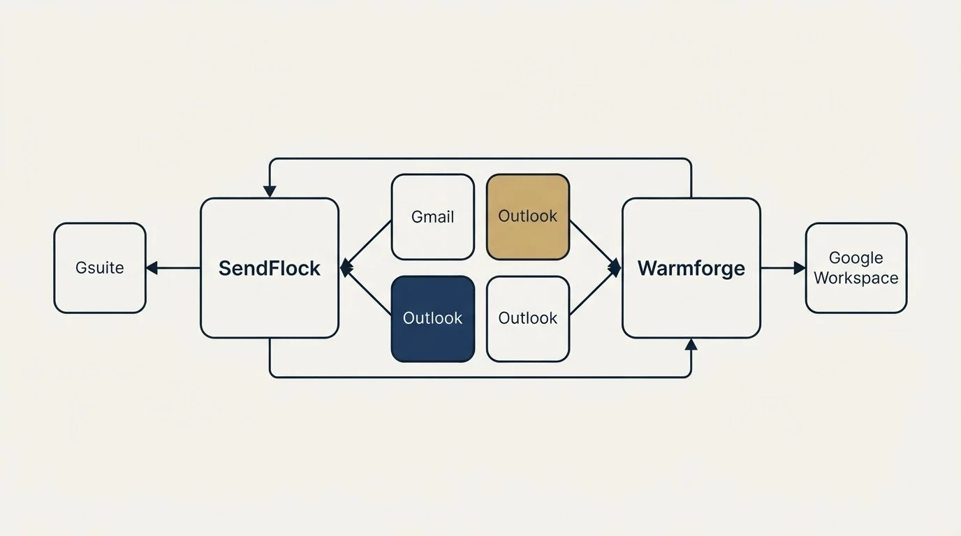 Integration schematic: Integration Ecosystem (SendFlock, Warmforge, Gmail, Outlook)