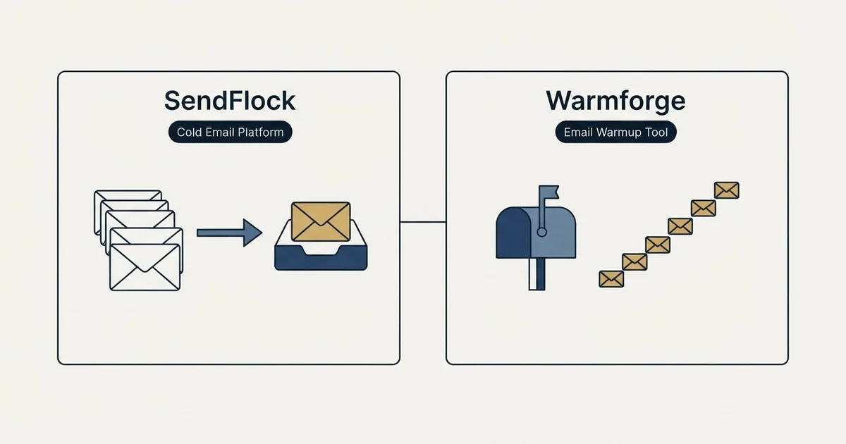 Side-by-side panels: SendFlock vs Warmforge (Cold Email Platform, Email Warmup Tool)
