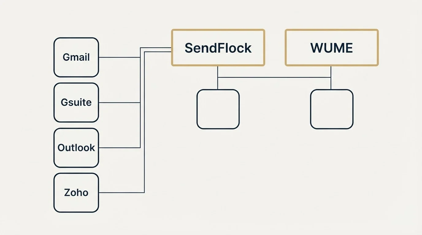 Integration grid: Integration Ecosystem (SendFlock, WUME, Gmail, Gsuite)
