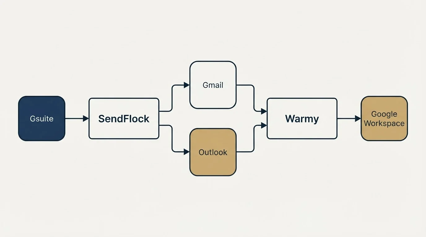 Integration schematic: Integration Ecosystem (SendFlock, Warmy, Gmail, Outlook)