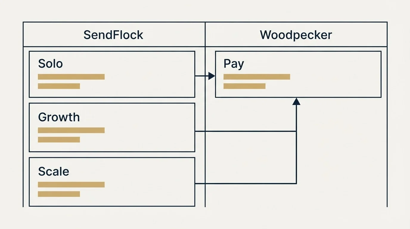 Pricing table: Pricing Comparison (SendFlock, Woodpecker, Solo, Pay)