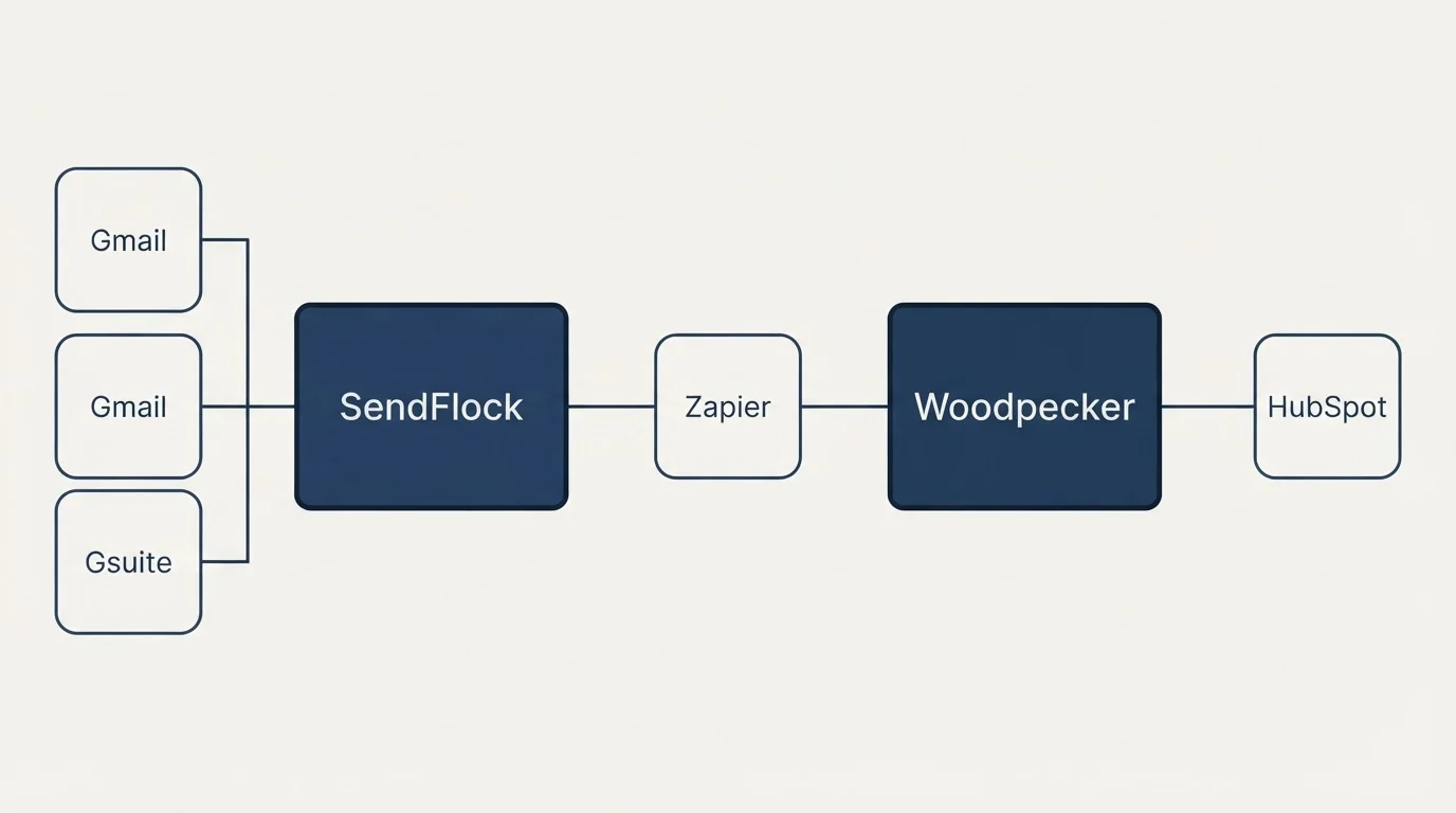 Integration flow: Integration Ecosystem (SendFlock, Woodpecker, Zapier, Gmail)