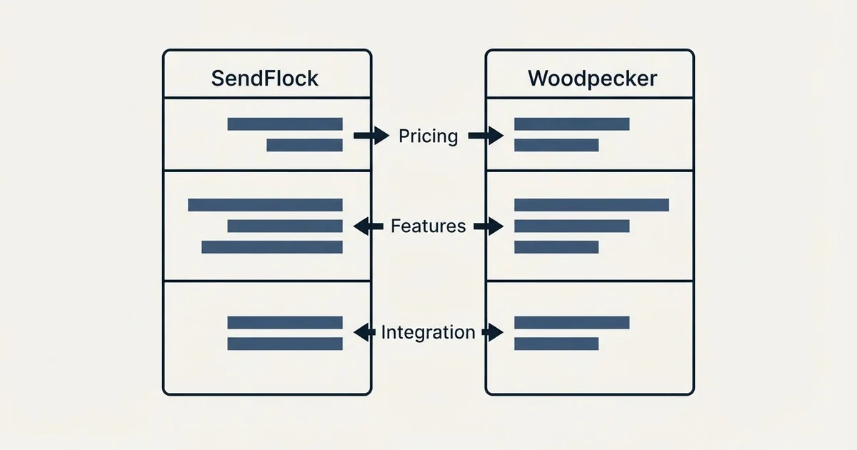Comparison panel: SendFlock vs Woodpecker (Pricing, Features, Integration)