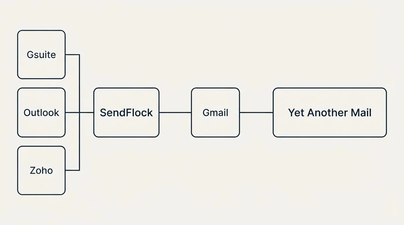 Integration flow: Integration Ecosystem (SendFlock, Yet Another Mail, Gmail, Gsuite)