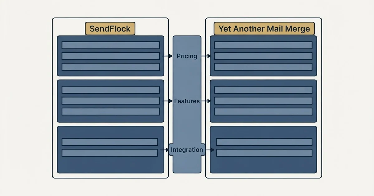 Comparison panel: SendFlock vs Yet Another Mail Merge (Pricing, Features, Integration)
