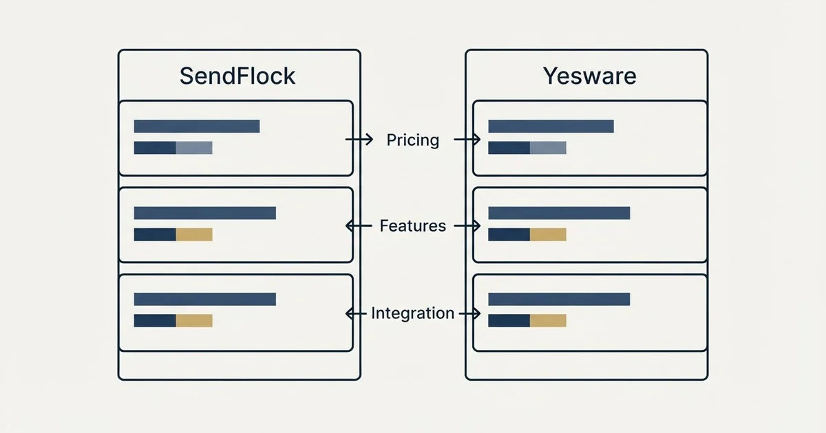 Comparison panel: SendFlock vs Yesware (Pricing, Features, Integration)