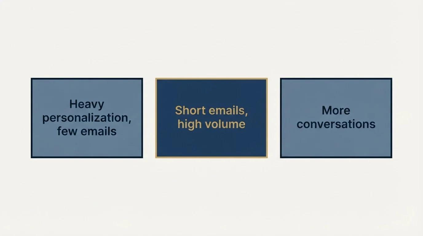 Schematic: Volume Beats Perfection in Cold Email Campaigns (Heavy personalization, few emails, Short emails, high volume, More conversations)