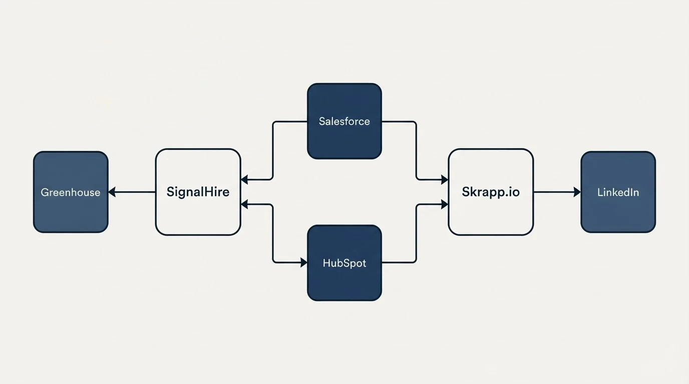 Integration flow: Integration Ecosystem (SignalHire, Skrapp.io, Salesforce, HubSpot)