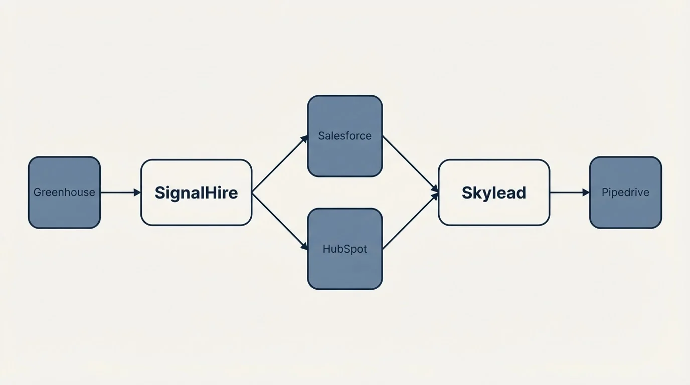 Integration schematic: Integration Ecosystem (SignalHire, Skylead, Salesforce, HubSpot)