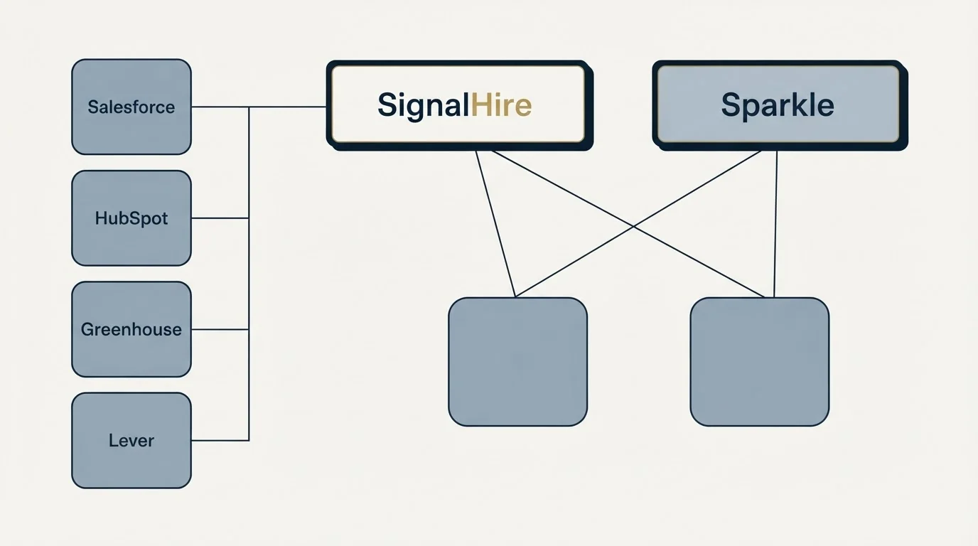Integration grid: Integration Ecosystem (SignalHire, Sparkle, Salesforce, HubSpot)
