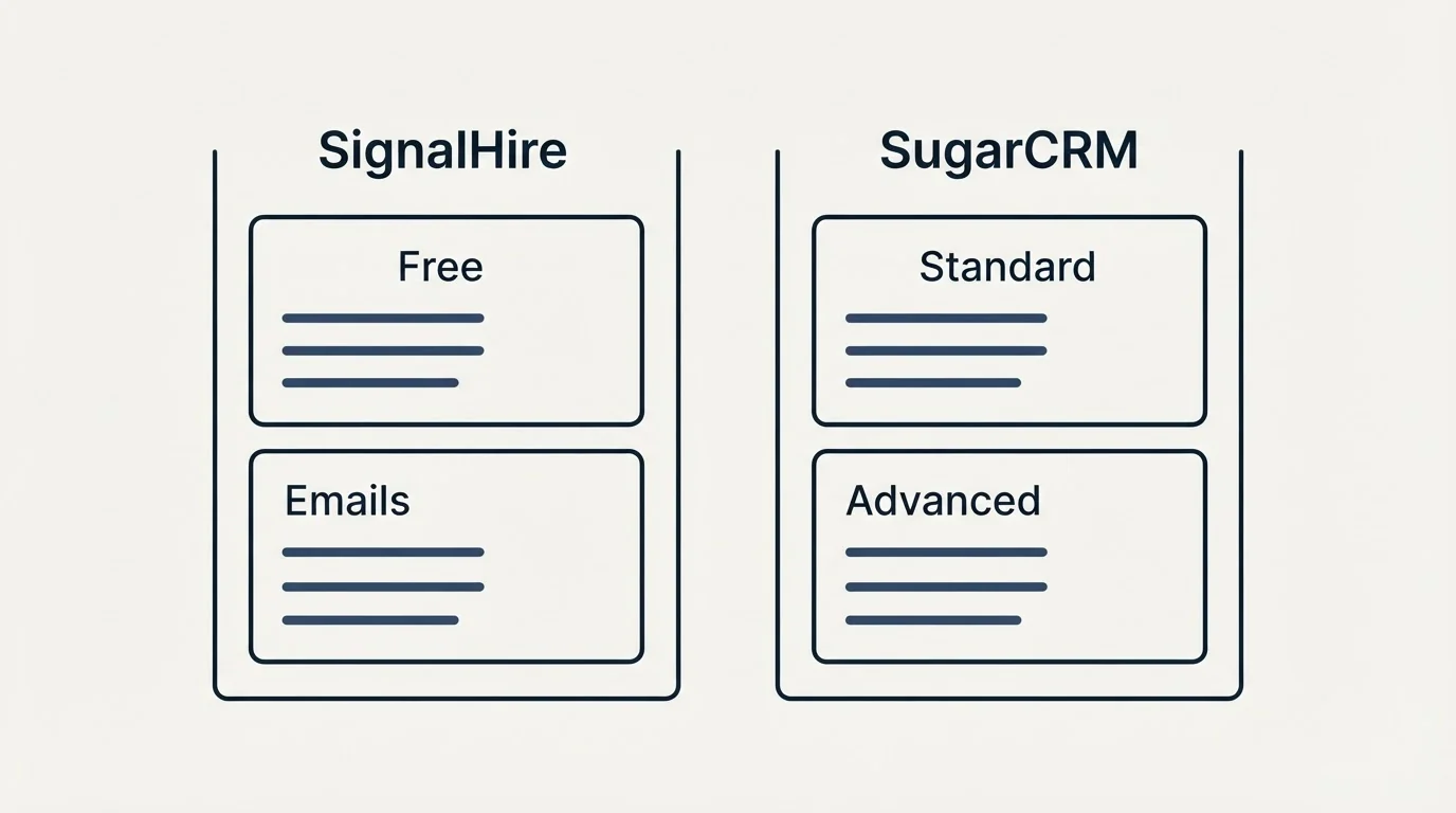 Pricing panels: Pricing Comparison (SignalHire, SugarCRM, Free, Standard)