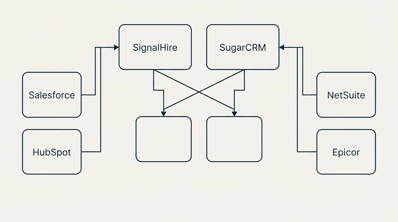 Integration grid: Integration Ecosystem (SignalHire, SugarCRM, Salesforce, NetSuite)