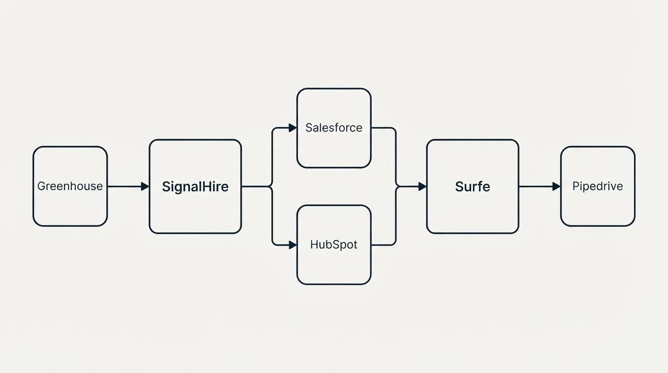 Integration flow: Integration Ecosystem (SignalHire, Surfe, Salesforce, HubSpot)