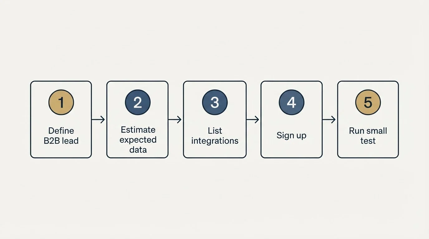 Step sequence: Getting Started Checklist (Define B2B lead, Estimate expected data, List integrations, Sign up)