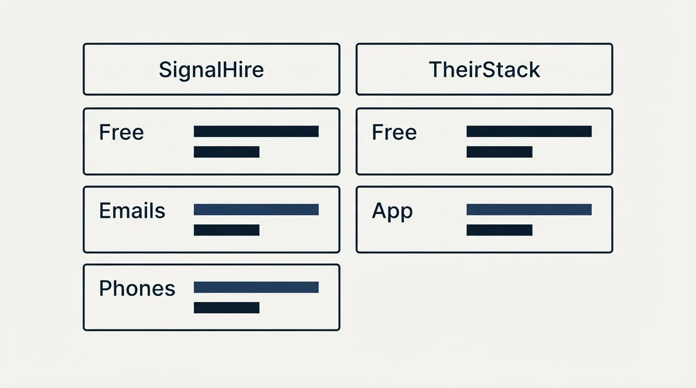 Pricing table: Pricing Comparison (SignalHire, TheirStack, Free, Emails)