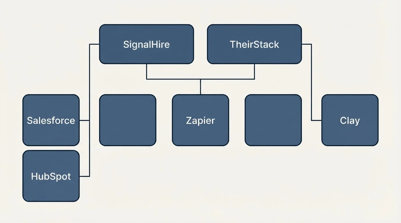 Integration grid: Integration Ecosystem (SignalHire, TheirStack, Zapier, Salesforce)