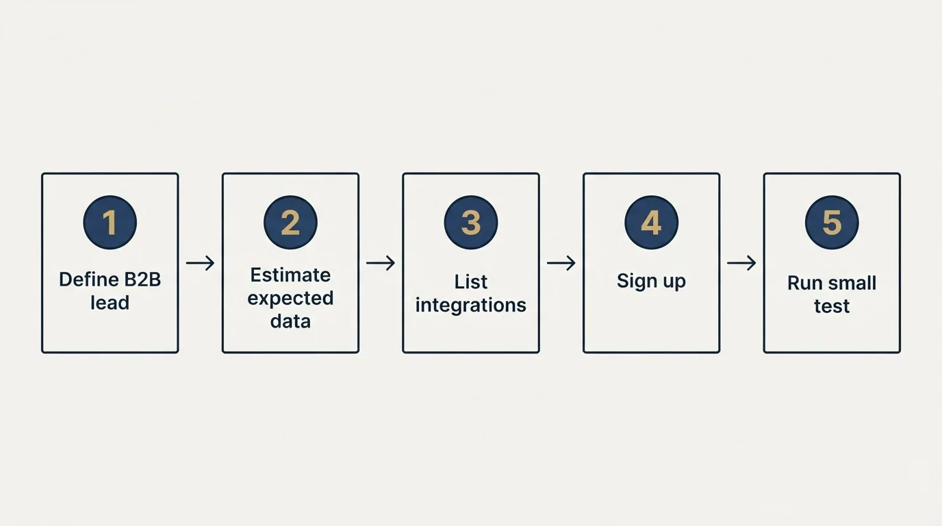 Step sequence: Getting Started Checklist (Define B2B lead, Estimate expected data, List integrations, Sign up)