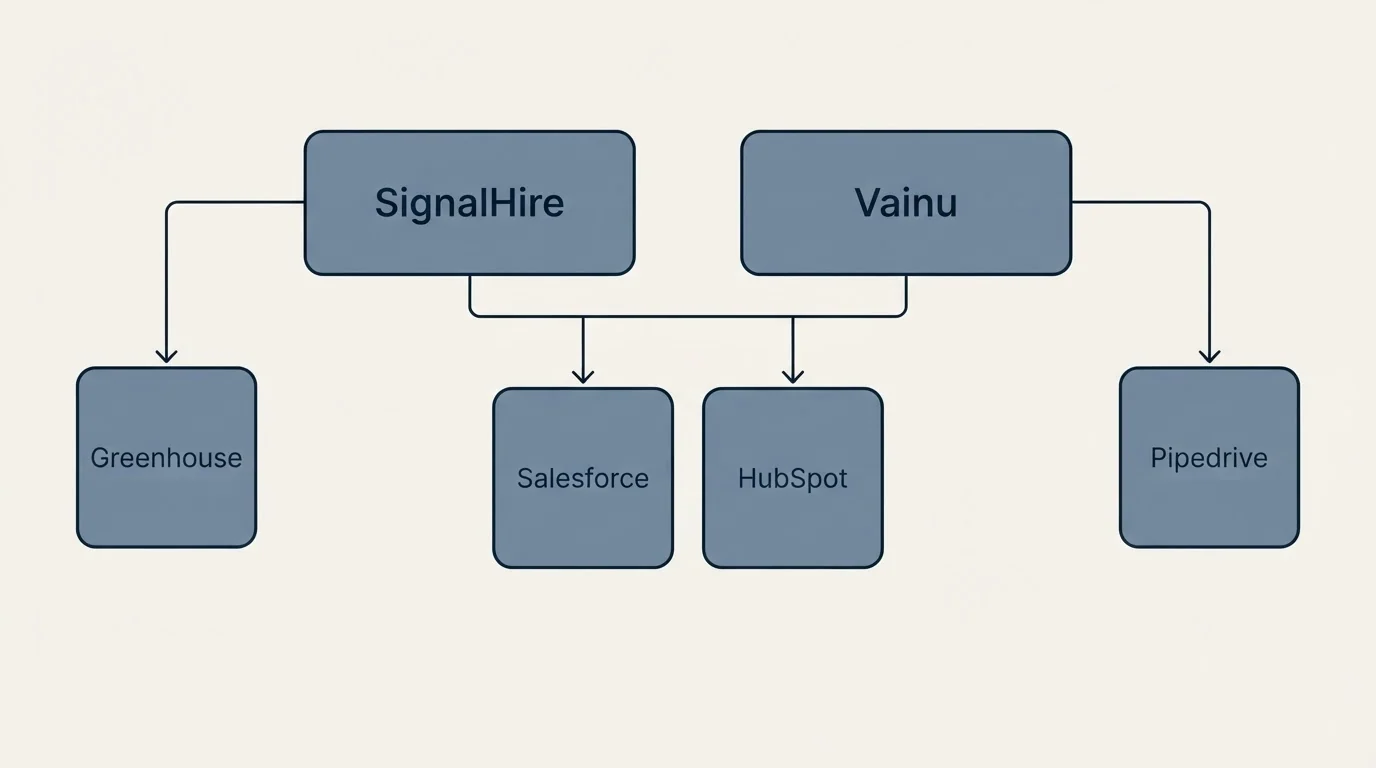 Integration grid: Integration Ecosystem (SignalHire, Vainu, Salesforce, HubSpot)