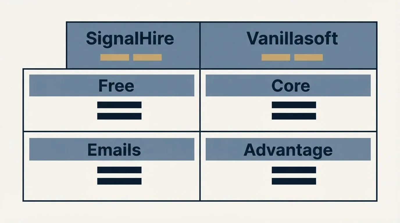 Pricing table: Pricing Comparison (SignalHire, Vanillasoft, Free, Core)