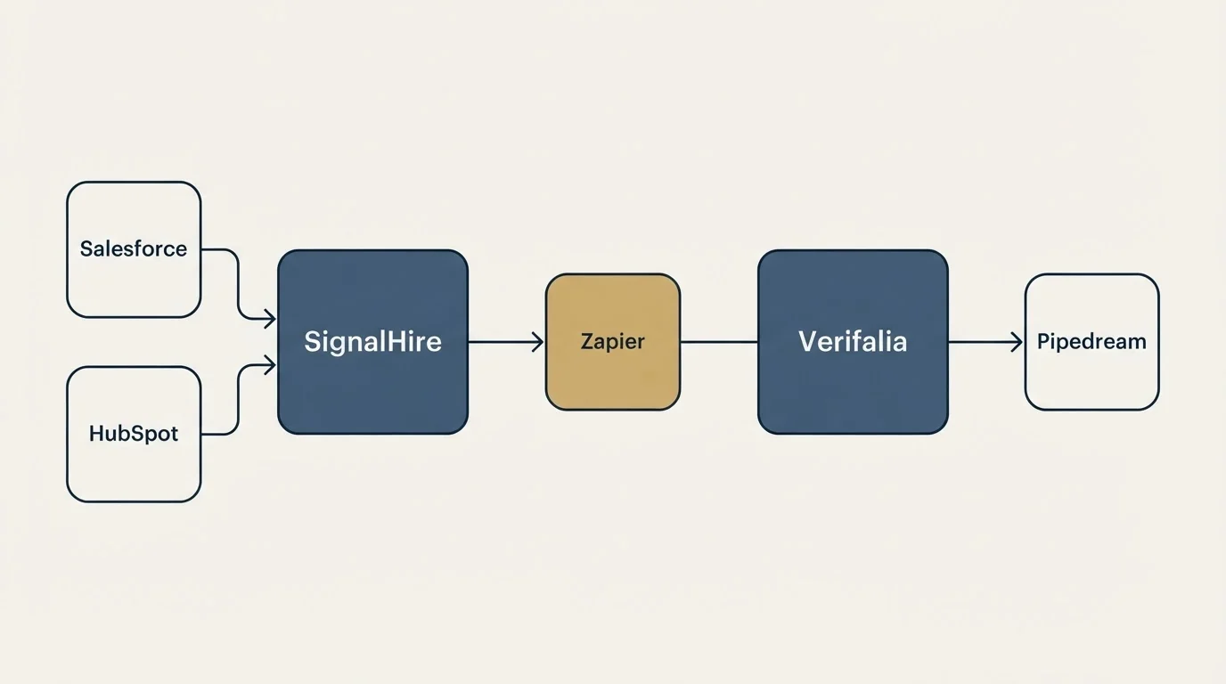 Integration schematic: Integration Ecosystem (SignalHire, Verifalia, Zapier, Salesforce)