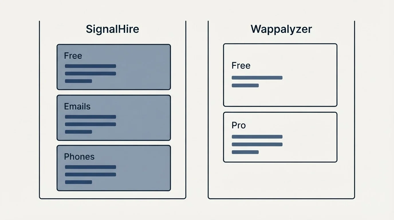 Pricing panels: Pricing Comparison (SignalHire, Wappalyzer, Free, Emails)