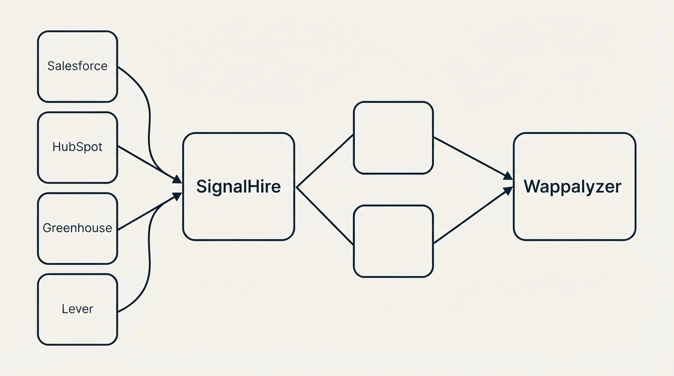 Integration schematic: Integration Ecosystem (SignalHire, Wappalyzer, Salesforce, HubSpot)