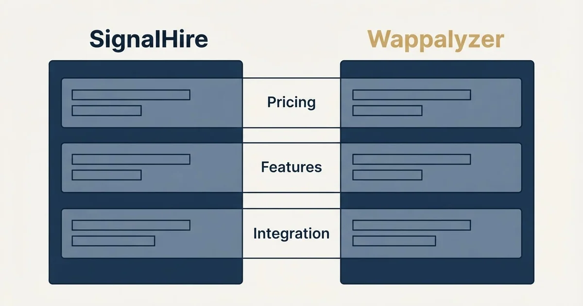 Comparison panel: SignalHire vs Wappalyzer (Pricing, Features, Integration)