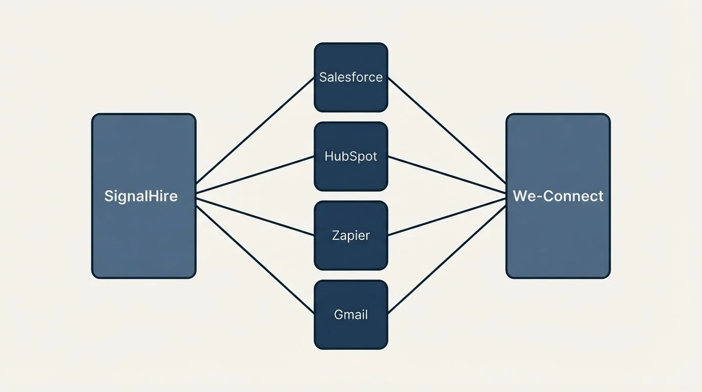 Integration schematic: Integration Ecosystem (SignalHire, We-Connect, Salesforce, HubSpot)