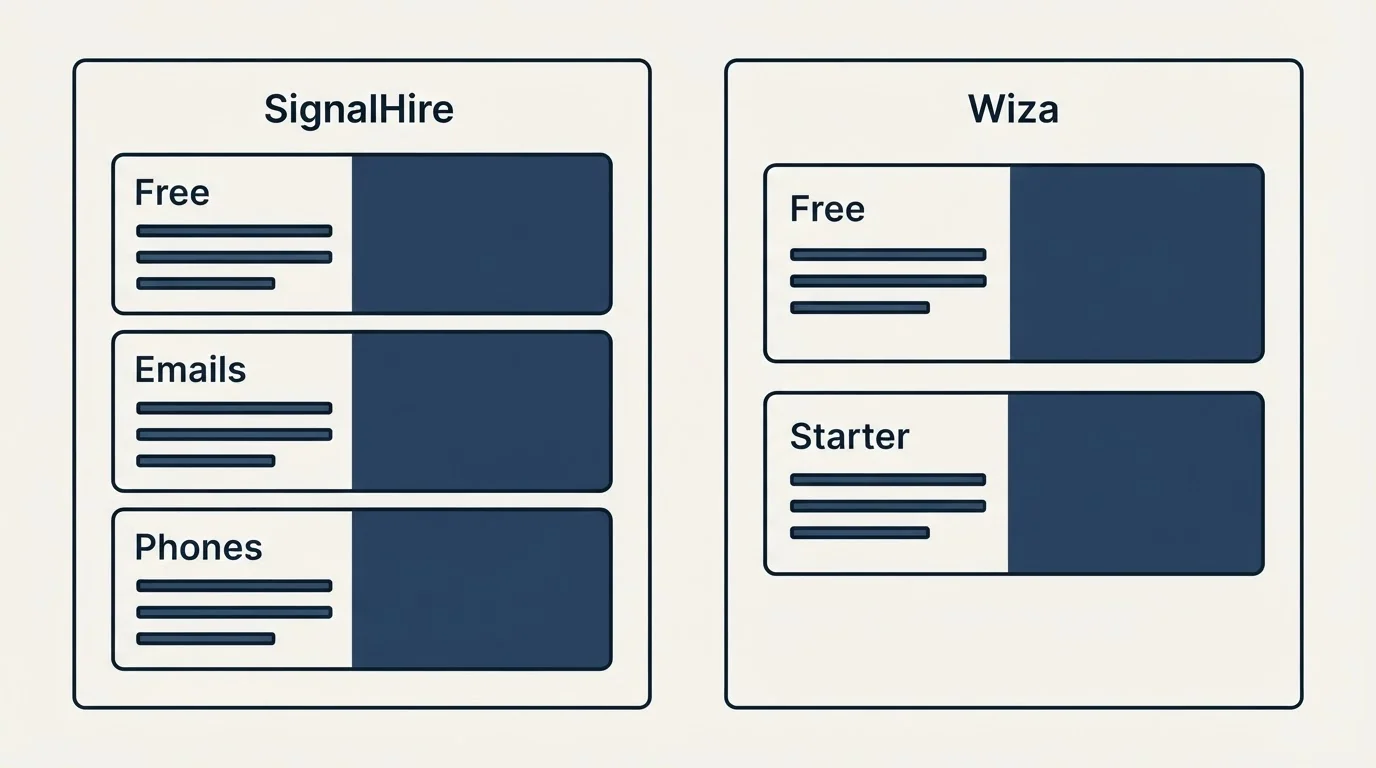 Pricing panels: Pricing Comparison (SignalHire, Wiza, Free, Emails)